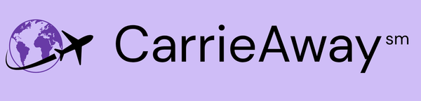 CarrieAway logo with airplane and world map icon on a purple background