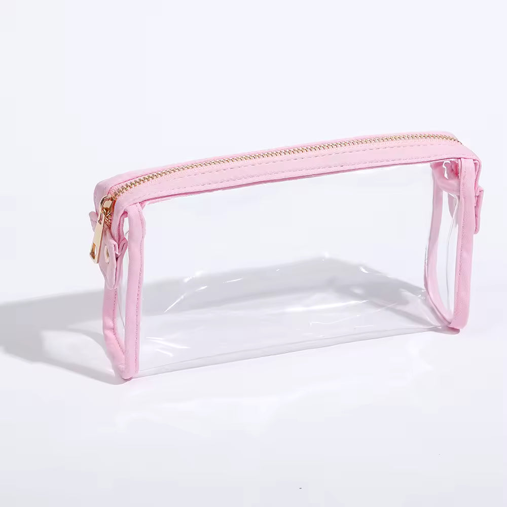 Clear pouch cosmetic bag with pink zipper on a white background