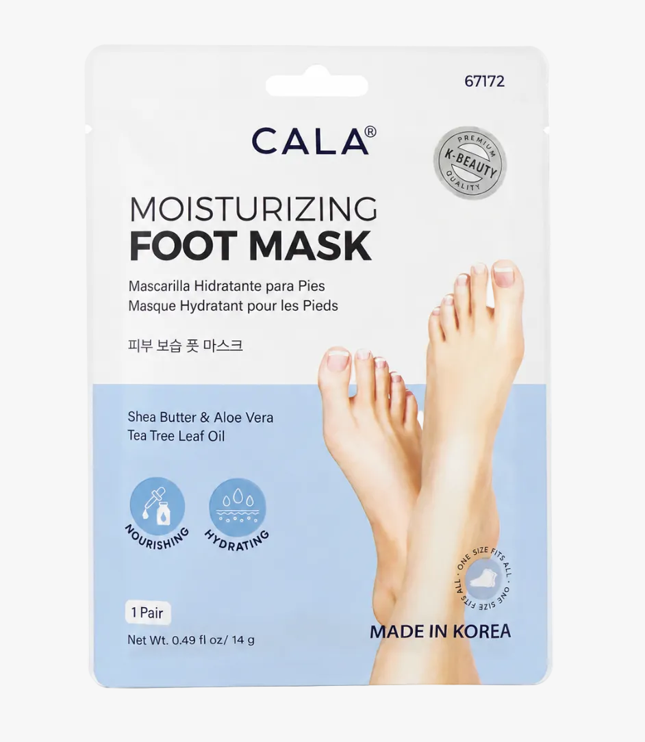 CALA Moisturizing Foot Mask in a white and light blue resealable pouch, featuring a photo of bare feet on the front and text detailing shea butter, aloe vera, and tea tree leaf oil.