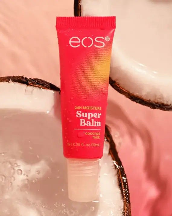  eos lip balm tube on a coconut shell