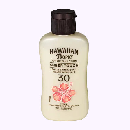 Hawaiian Tropic sunscreen lotion bottle on a lilac background travel size TSA Approved