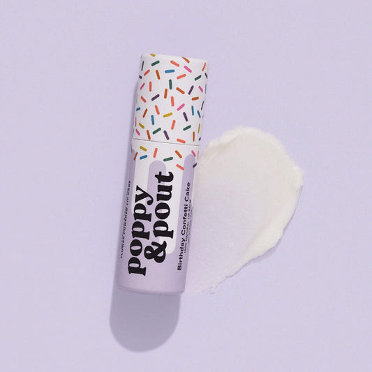 Poppy & Pout Lip Balm, Birthday Confetti Cake, Purple .3 Oz