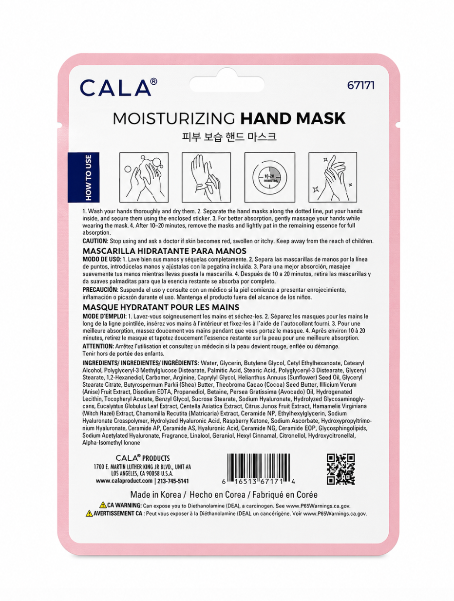 Cala moisturizing hand mask packaging with instructions and branding.